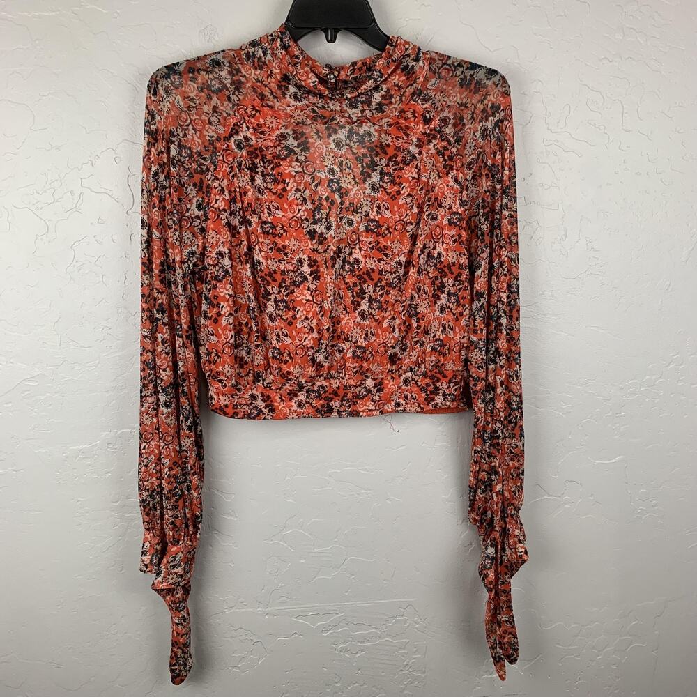 Free People Crop Top Womens Large Orange Sheer Floral Long Sleeve Tie Cuffs